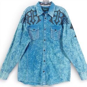 Roar Shirt Mens Large Blue Embroidered Western Long Sleeve Contrast Cuffs Trim